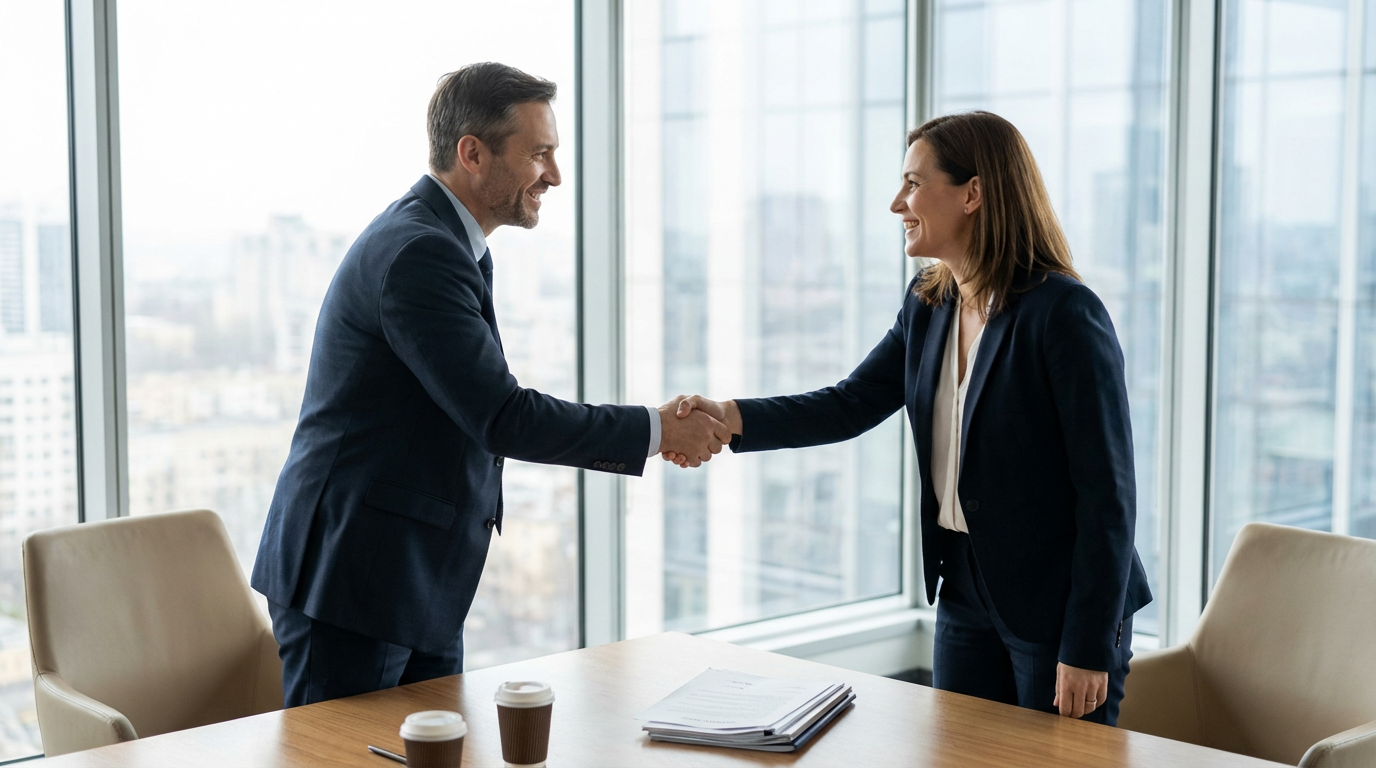 Two business professionals shaking hands with genuine relief after reaching a deal