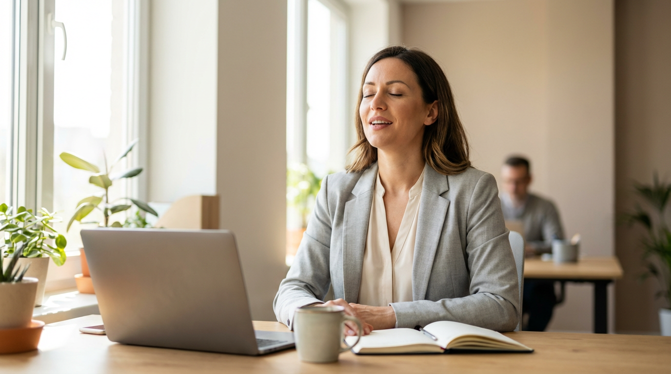 HR professional exhaling with relief after a resolved salary negotiation