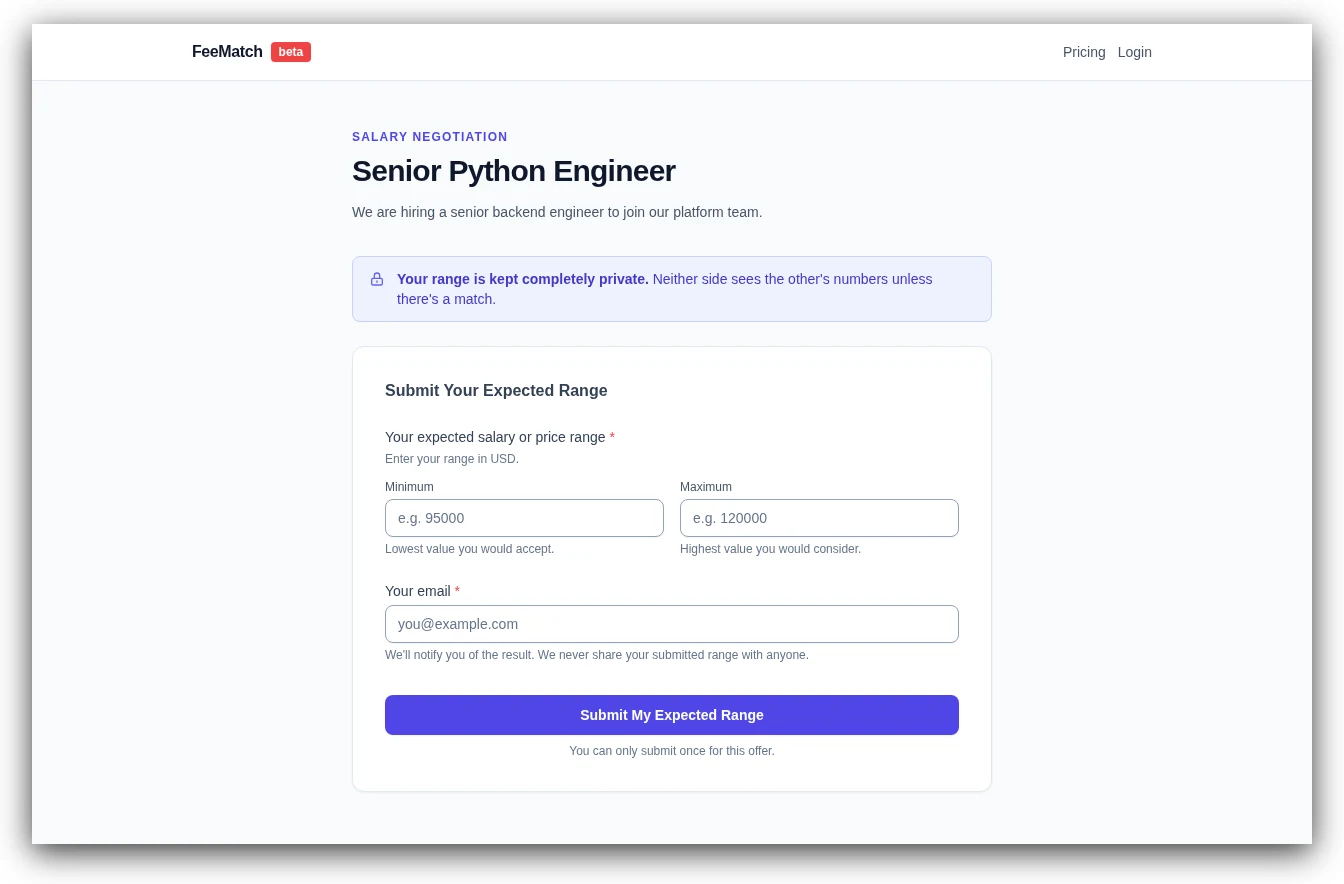 Candidate submission form with privacy banner: your range is kept completely private